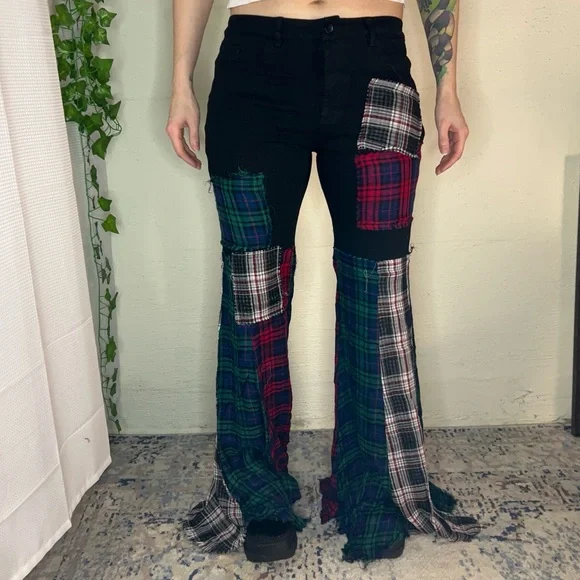 Plaid Patchwork Flare Pants - Picture 1 of 9